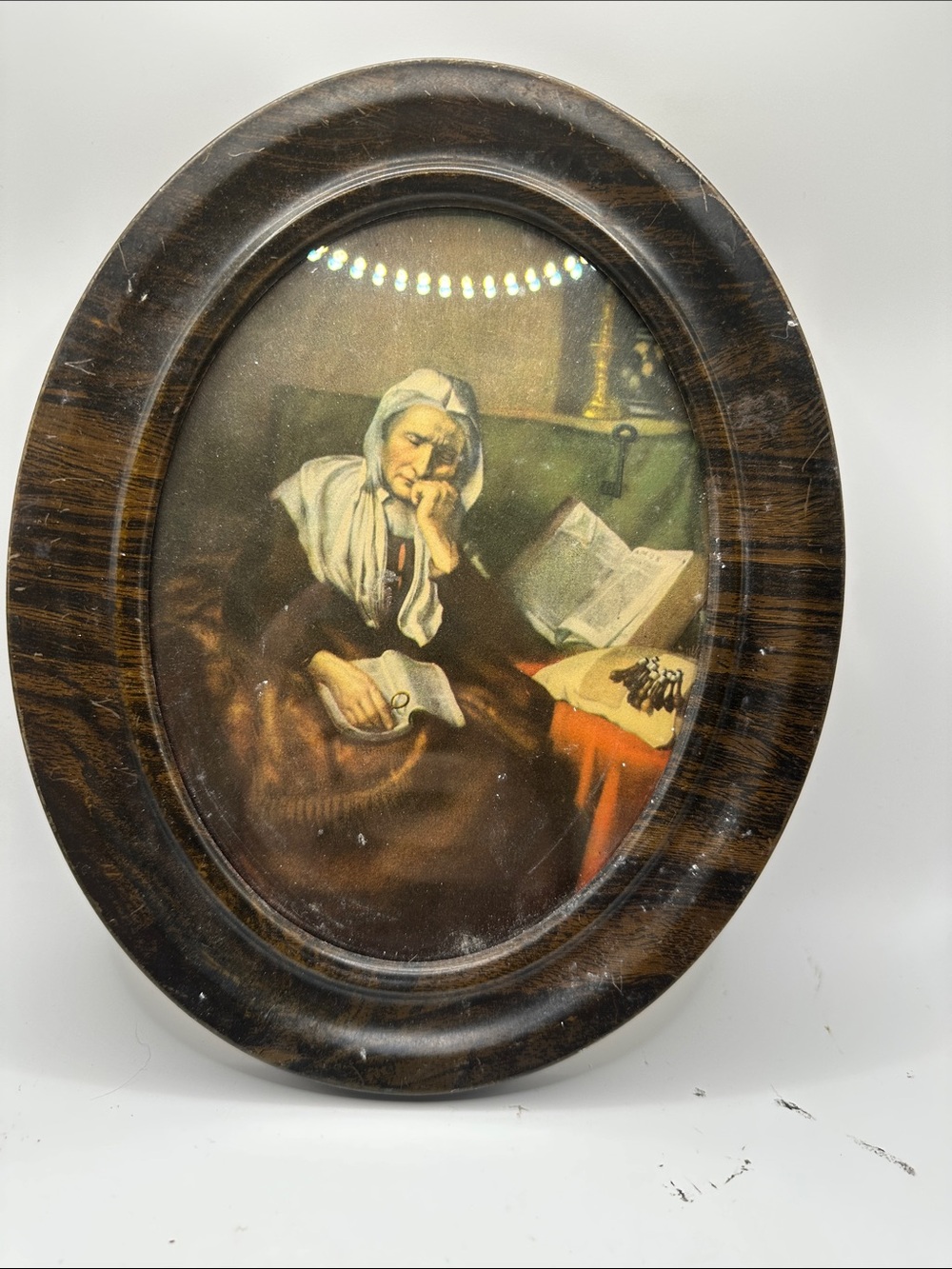 Vintage-Style Oval Wall Art with Dark Brown Frame